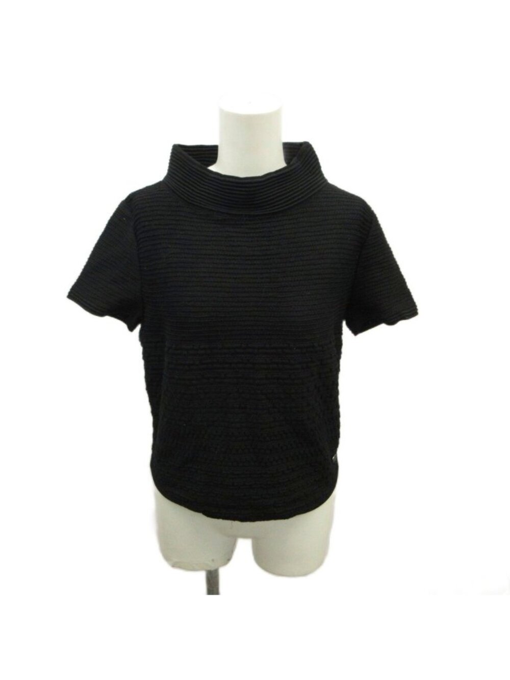 Chanel CC Logo Plate Turtleneck Short Sleeve Knit Top High Neck Rib Black 38